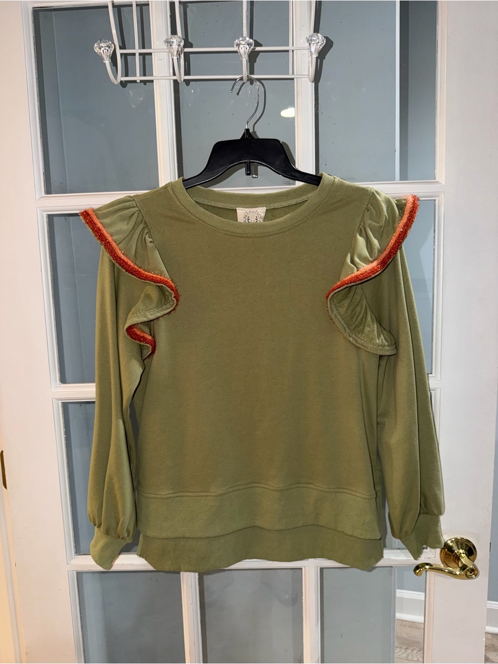 Fantastic Fawn Sweatshirt Sz S Oversized Ruffle Trim Long Sleeve Olive Green
